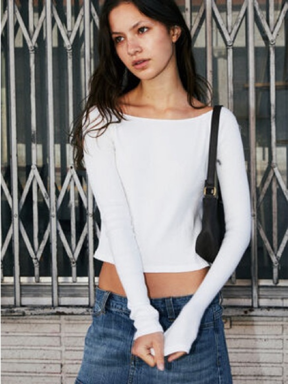 Brandy Melville John Galt White Ribbed Off Shoulder Long Sleeve Tee